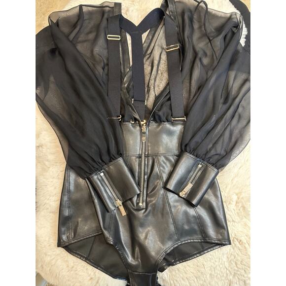 RARE🔥 Honey Birdette FONDA II🖤 Black Faux Leather Cheeky Bodysuit S - Picture 2 of 8